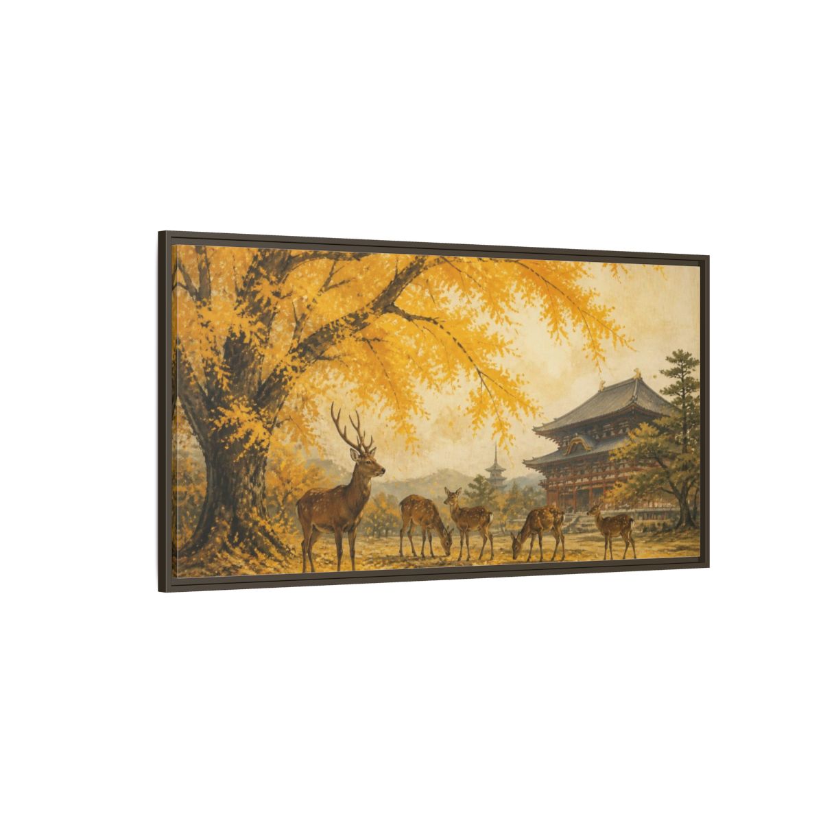 Side Mockup 4. Japanese Ginkgo Deer shown as framed canvas print