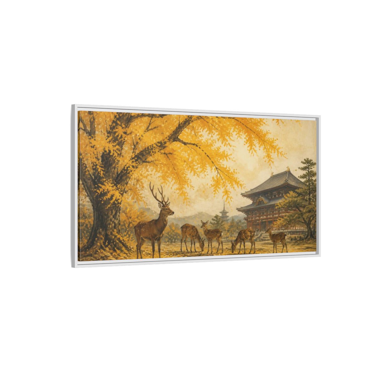 Side Mockup 3. Japanese Ginkgo Deer shown as framed canvas print