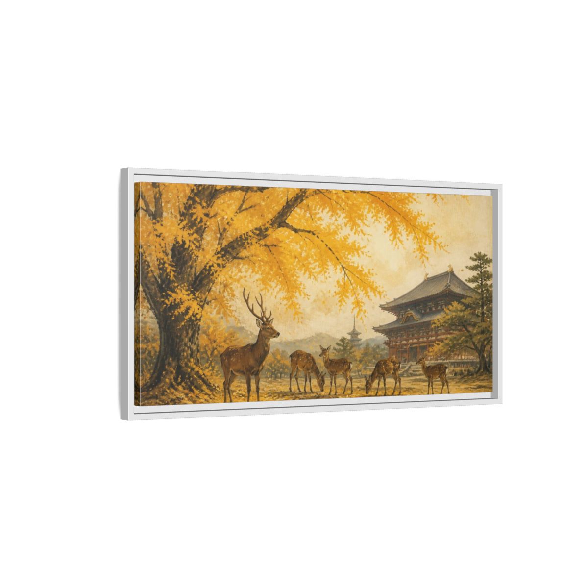 Side Mockup 1. Japanese Ginkgo Deer shown as framed canvas print