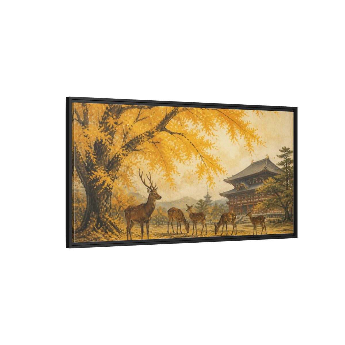 Side Mockup 5. Japanese Ginkgo Deer shown as framed canvas print