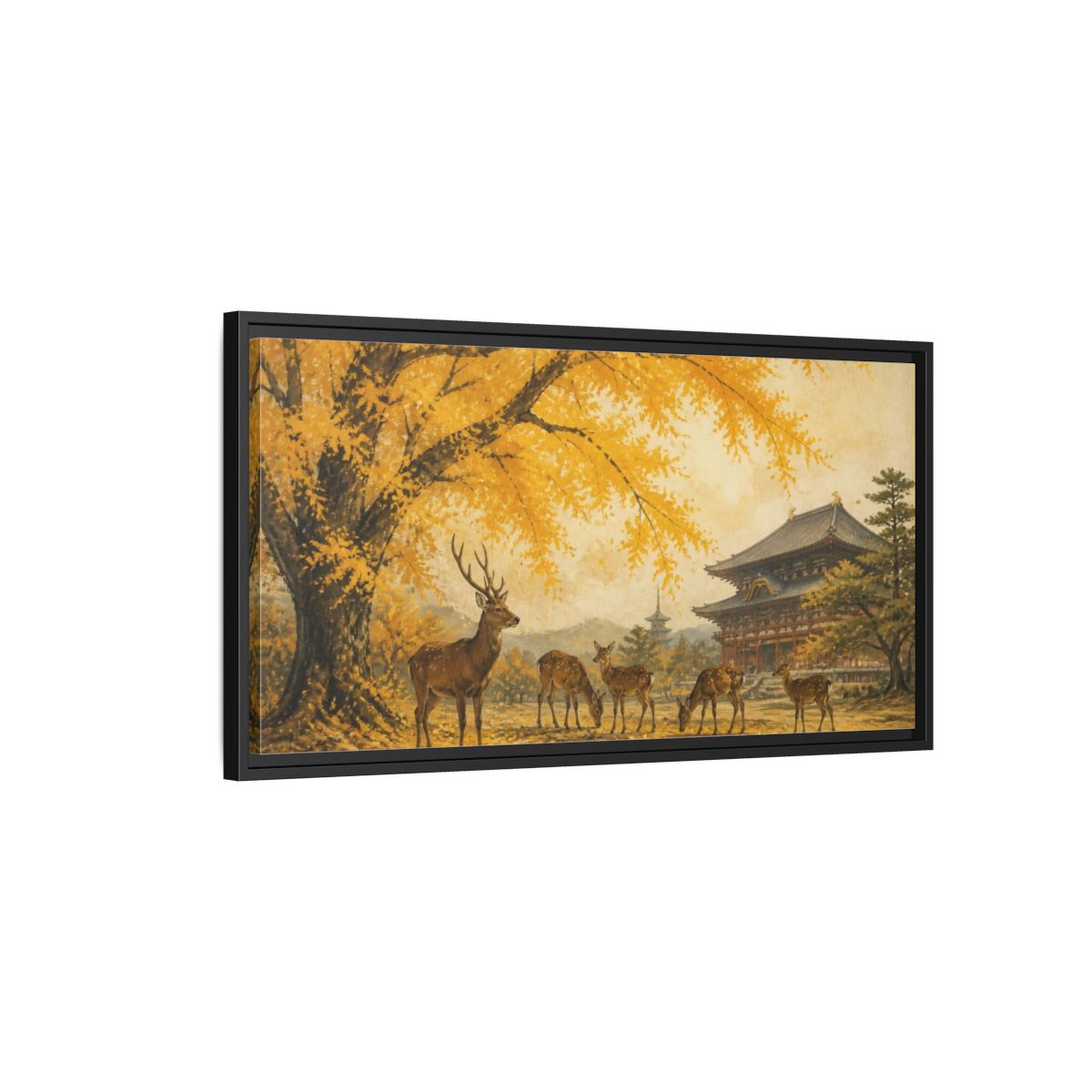 Side Mockup 2. Japanese Ginkgo Deer shown as framed canvas print