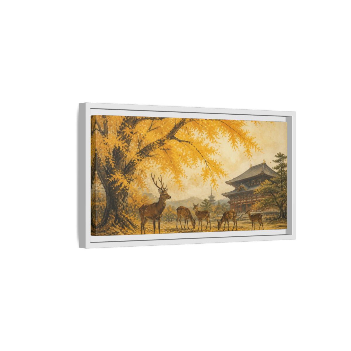 Side Mockup 6. Japanese Ginkgo Deer shown as framed canvas print