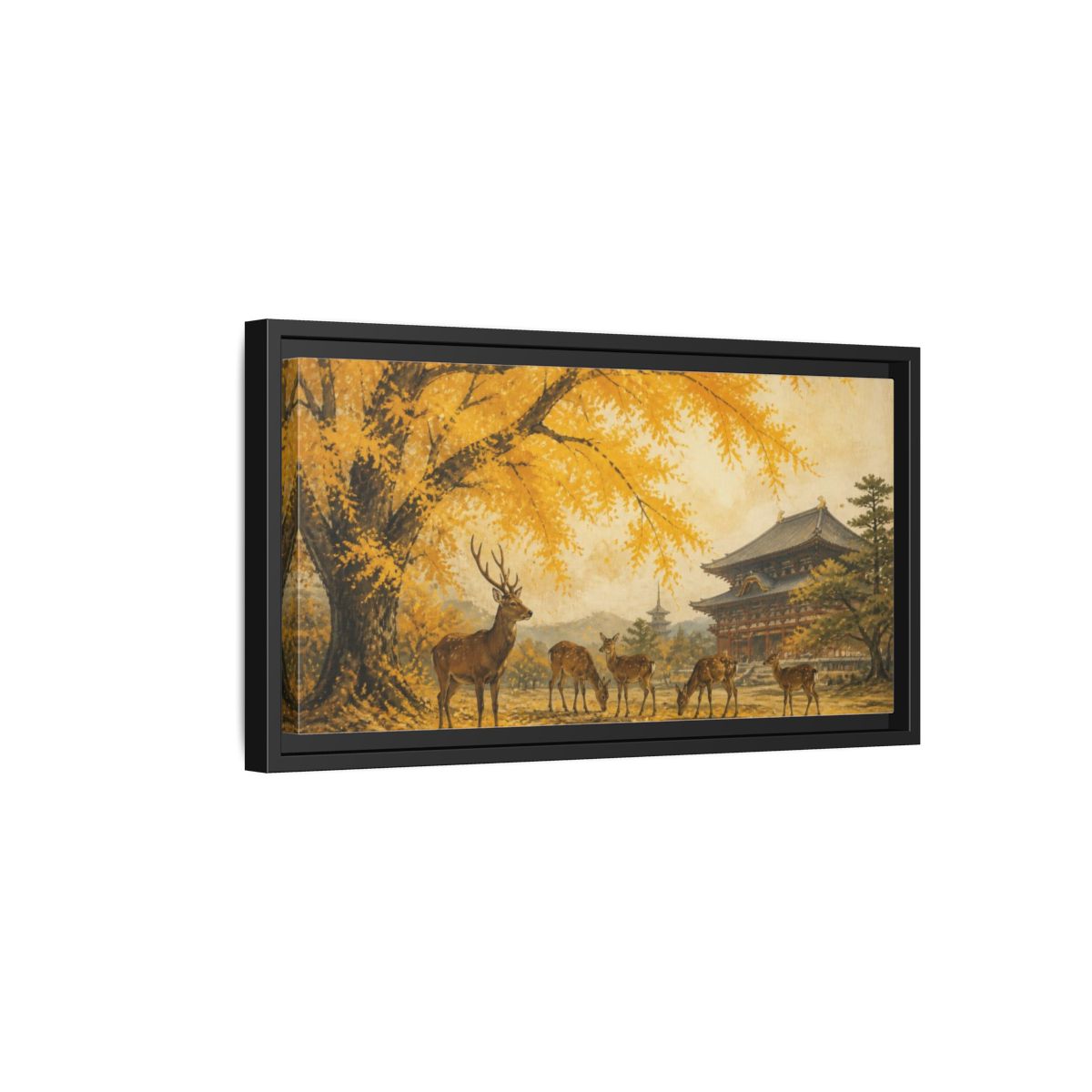 Side Mockup 8. Japanese Ginkgo Deer shown as framed canvas print