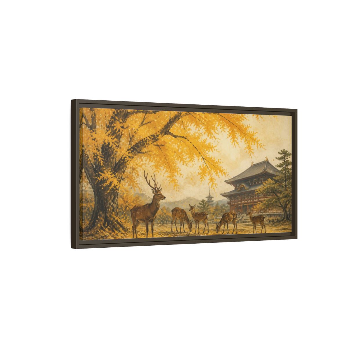 Main Mockup. Japanese Ginkgo Deer shown as framed canvas print