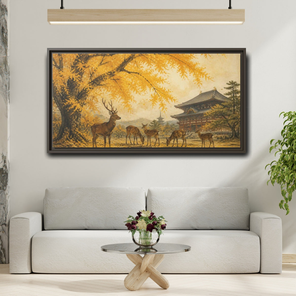 Mockup 2. Japanese Ginkgo Deer shown as framed canvas print