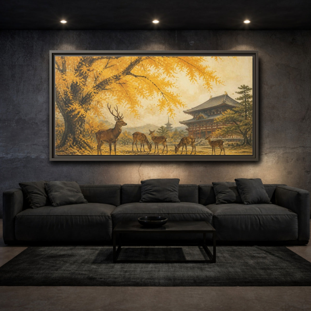 Mockup 3. Japanese Ginkgo Deer shown as framed canvas print