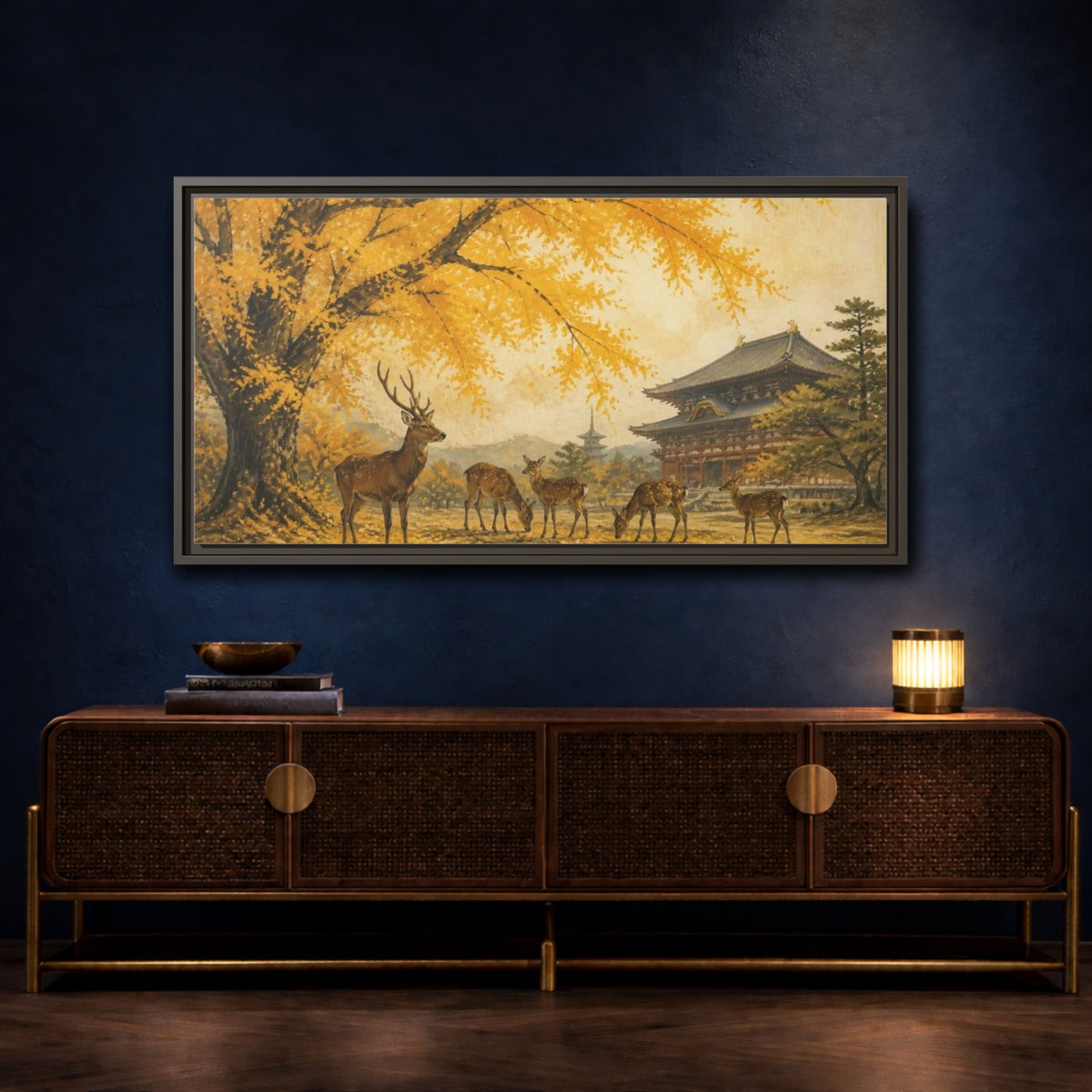 Mockup 4. Japanese Ginkgo Deer shown as framed canvas print