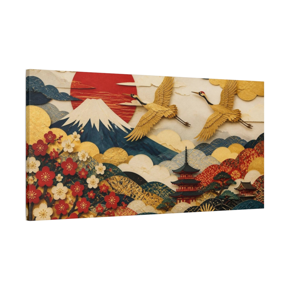Main Mockup. Japanese Gold Cranes shown as canvas print