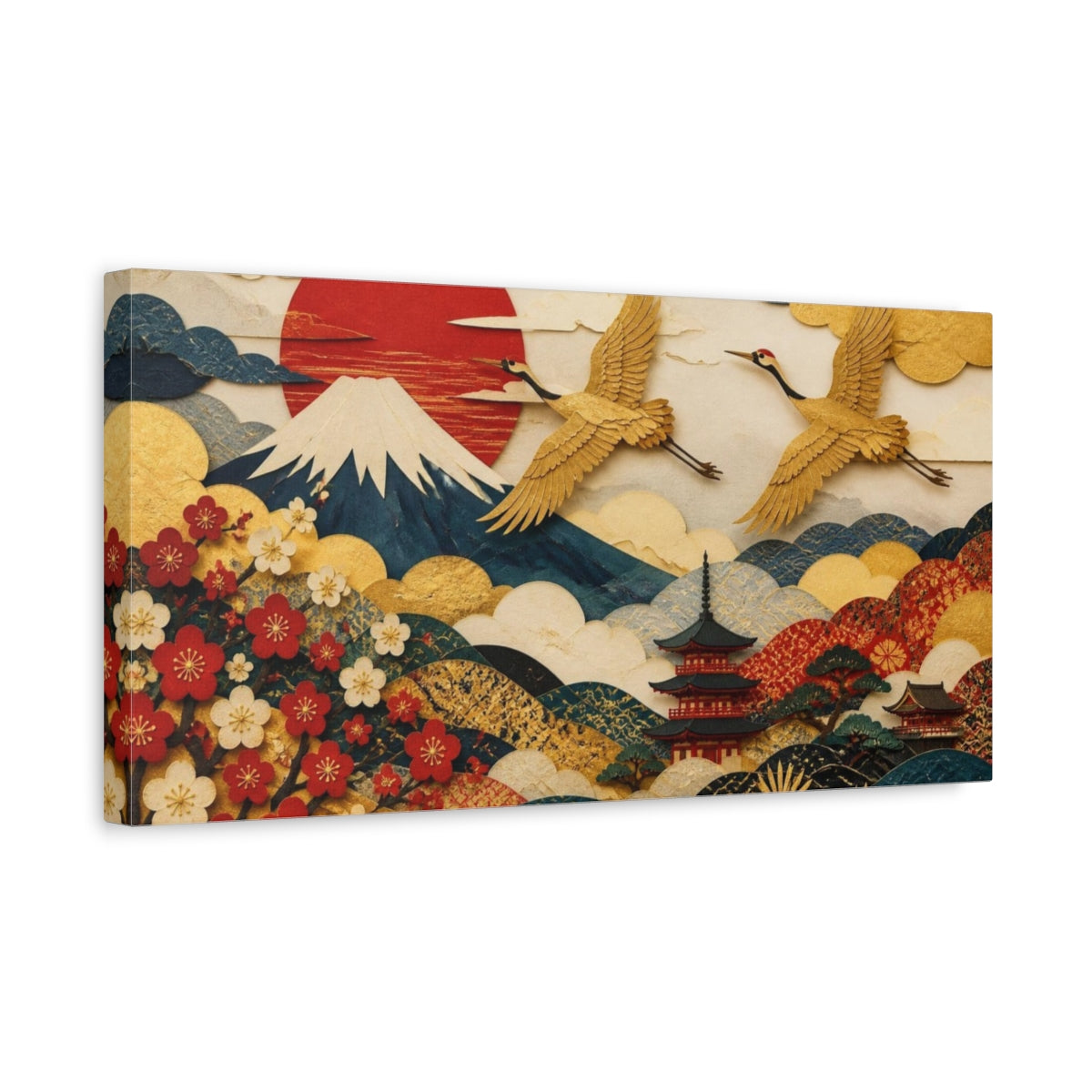 Side Mockup 3. Japanese Gold Cranes shown as canvas print