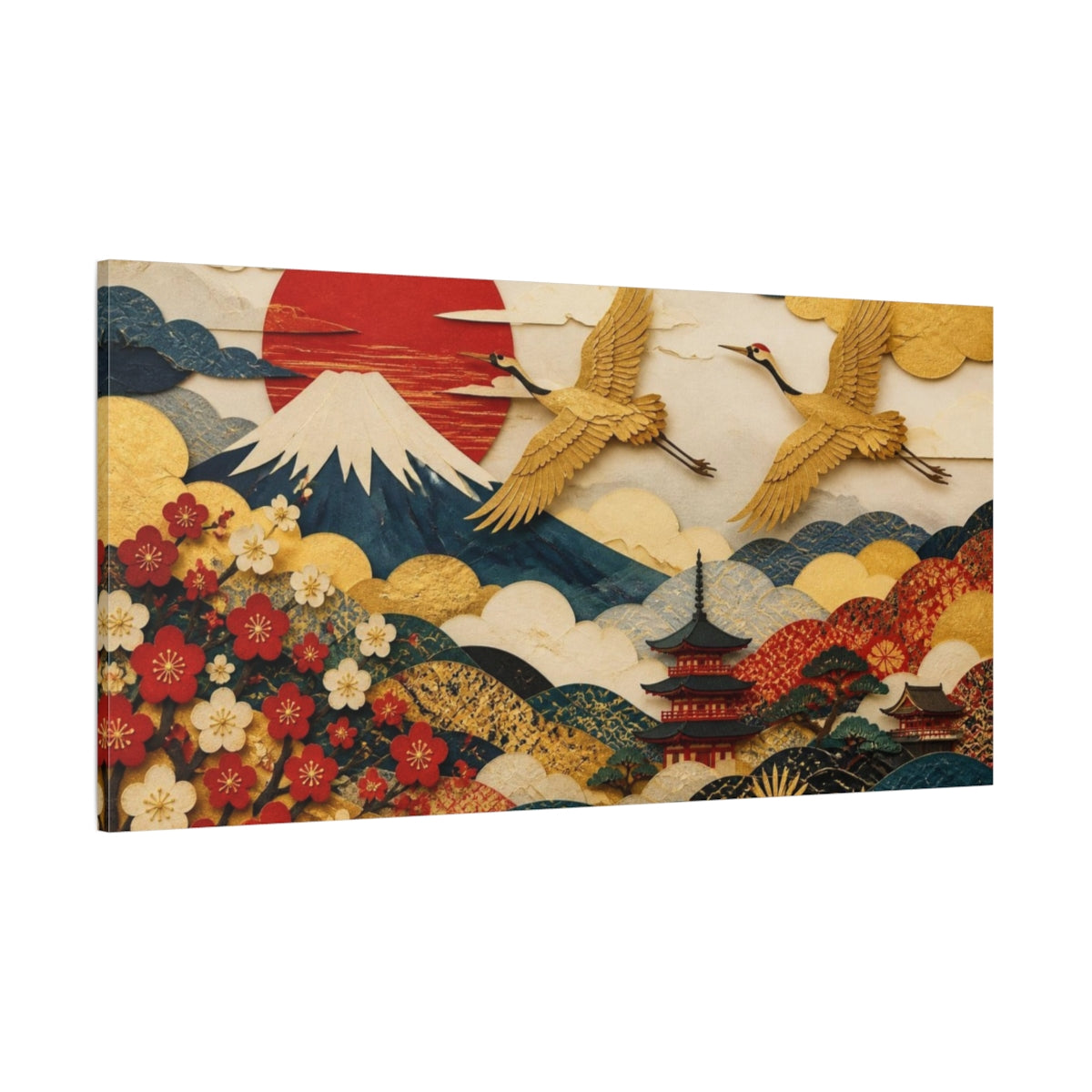 Side Mockup 2. Japanese Gold Cranes shown as canvas print
