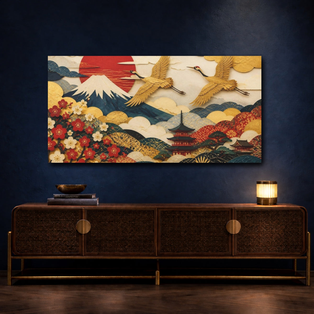 Mockup 4. Japanese Gold Cranes shown as canvas print