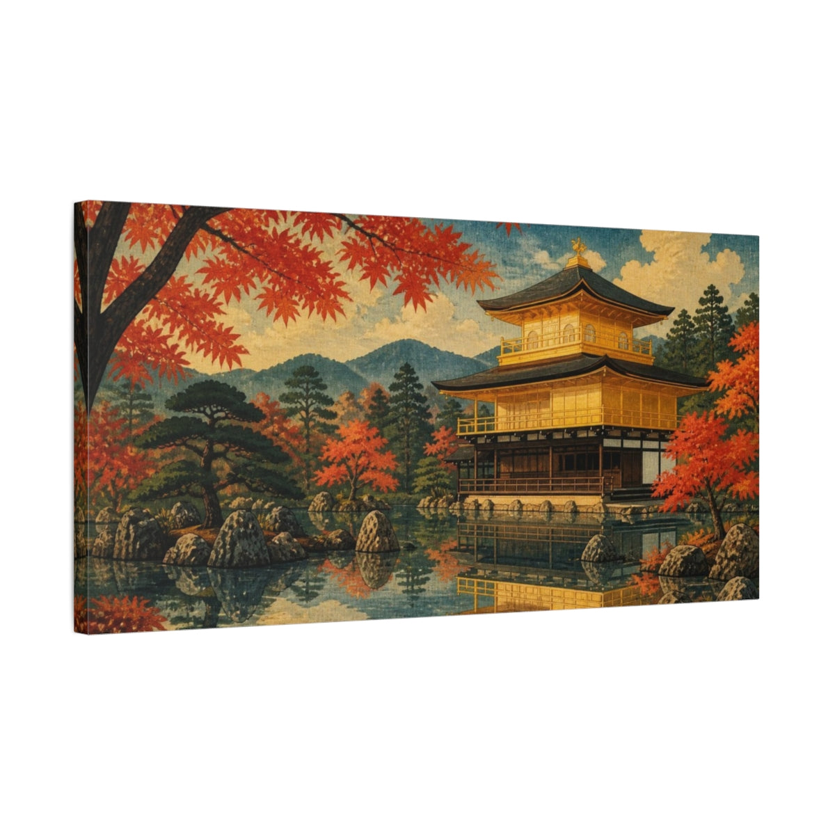 Side Mockup 1. Japanese Golden Pavilion Reflection shown as canvas print