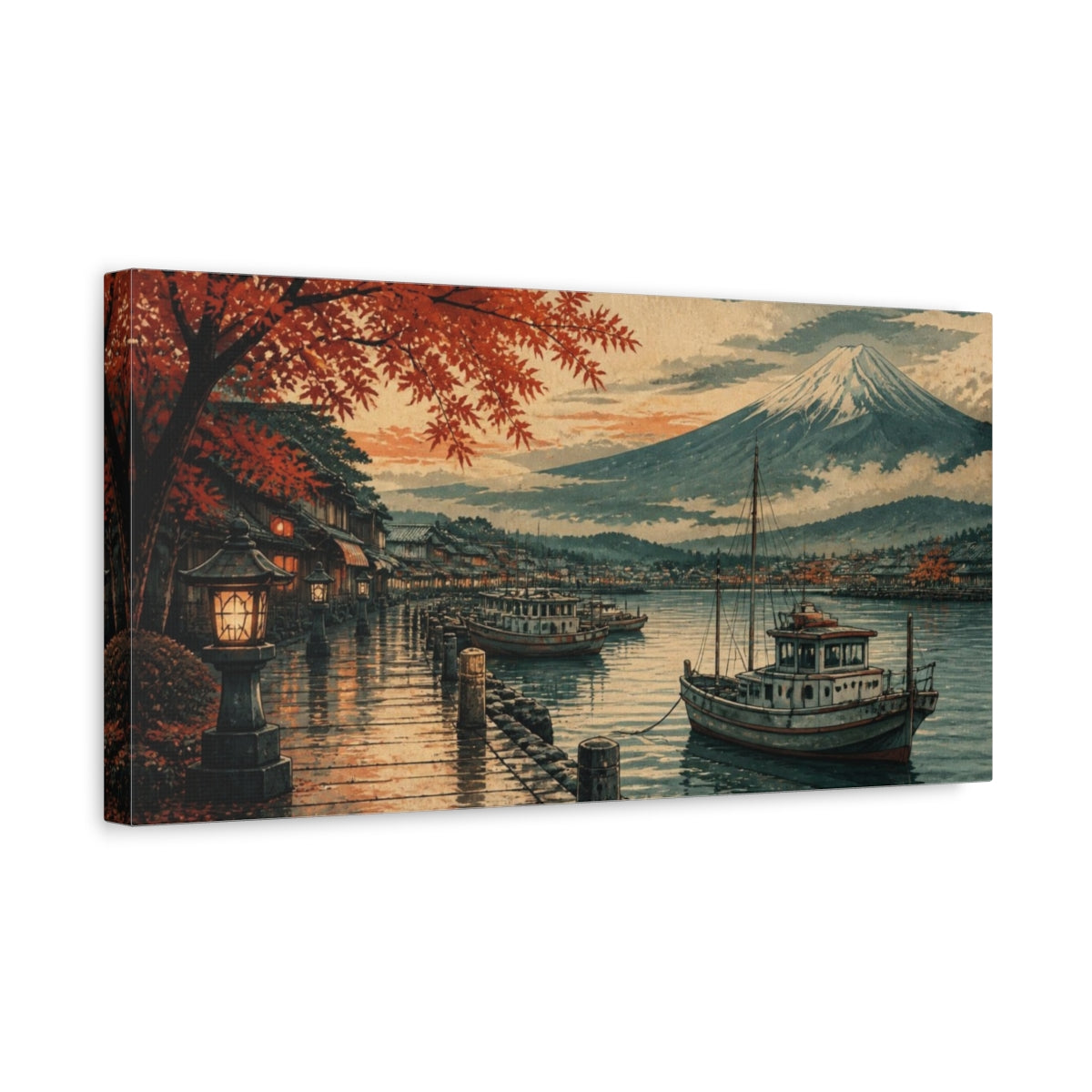 Side Mockup 3. Japanese Harbor At Dusk shown as canvas print
