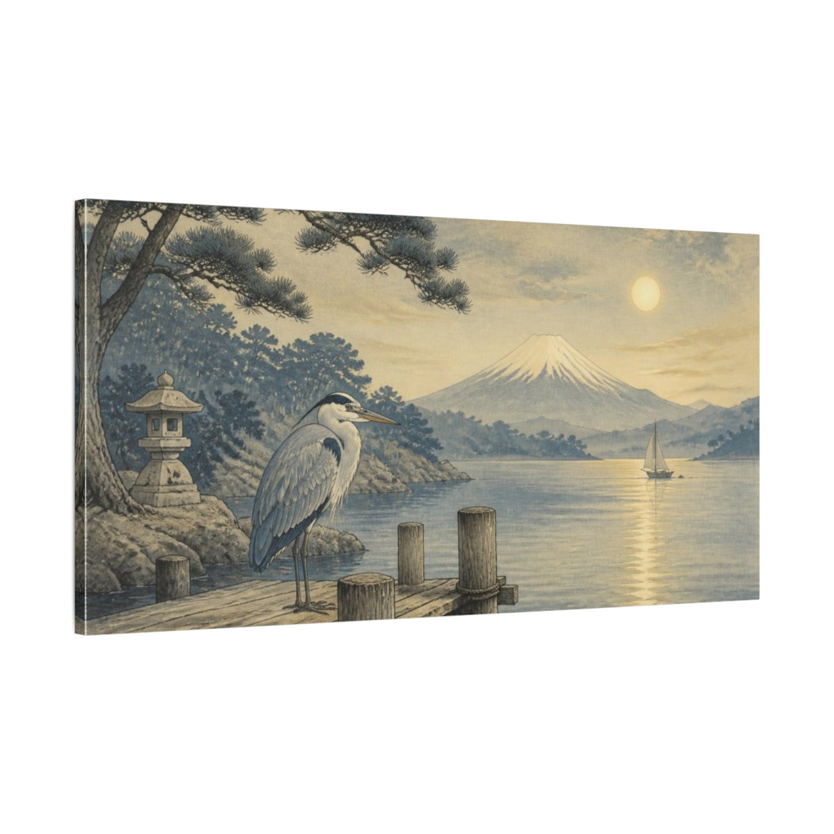Main Mockup. Japanese Heron On Dock shown as canvas print