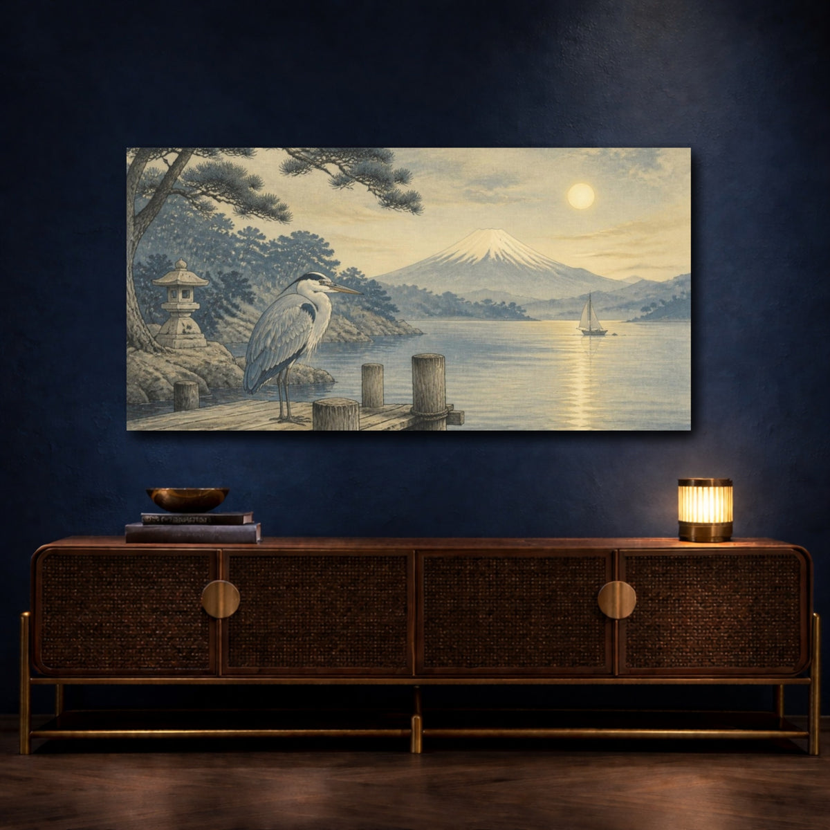Mockup 4. Japanese Heron On Dock shown as canvas print