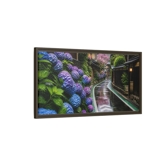 Main Mockup. Japanese Hydrangea Lane shown as framed canvas print