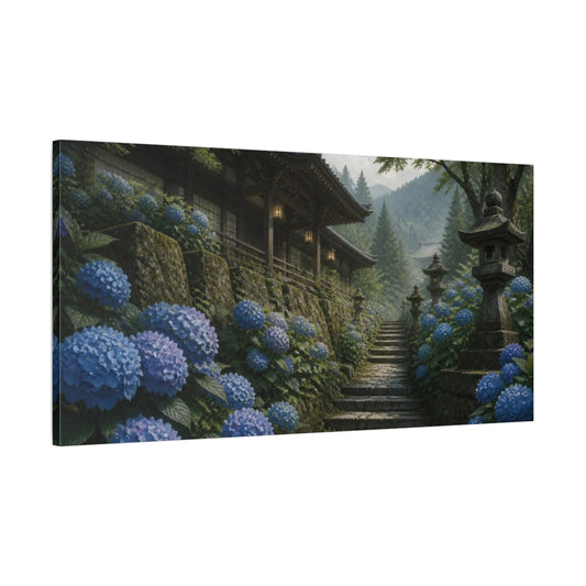 Main Mockup. Japanese Hydrangea Temple Path shown as canvas print