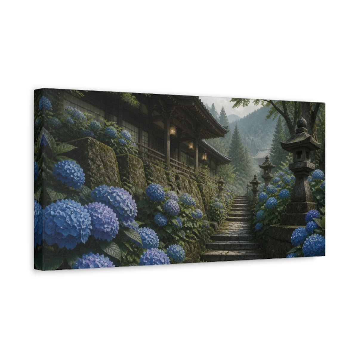 Side Mockup 3. Japanese Hydrangea Temple Path shown as canvas print