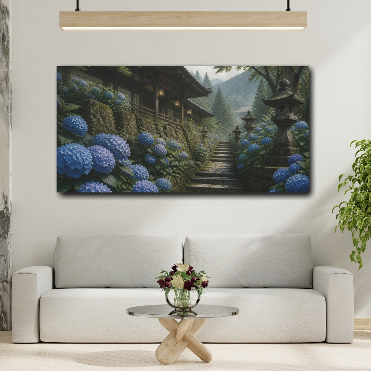 Mockup 2. Japanese Hydrangea Temple Path shown as canvas print