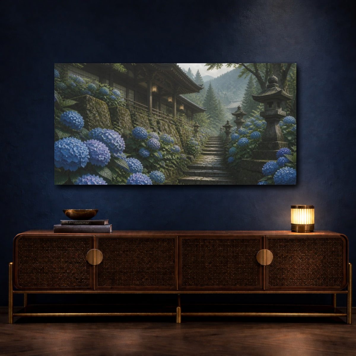 Mockup 4. Japanese Hydrangea Temple Path shown as canvas print