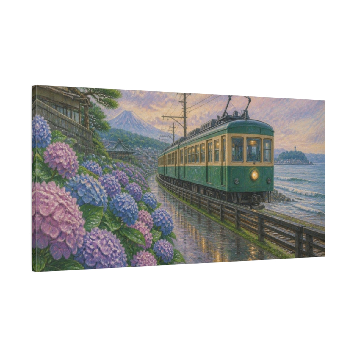 Main Mockup. Japanese Hydrangea Train shown as canvas print