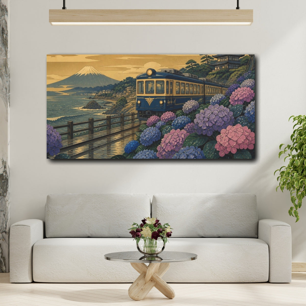 Mockup 2. Japanese Hydrangea Train shown as canvas print