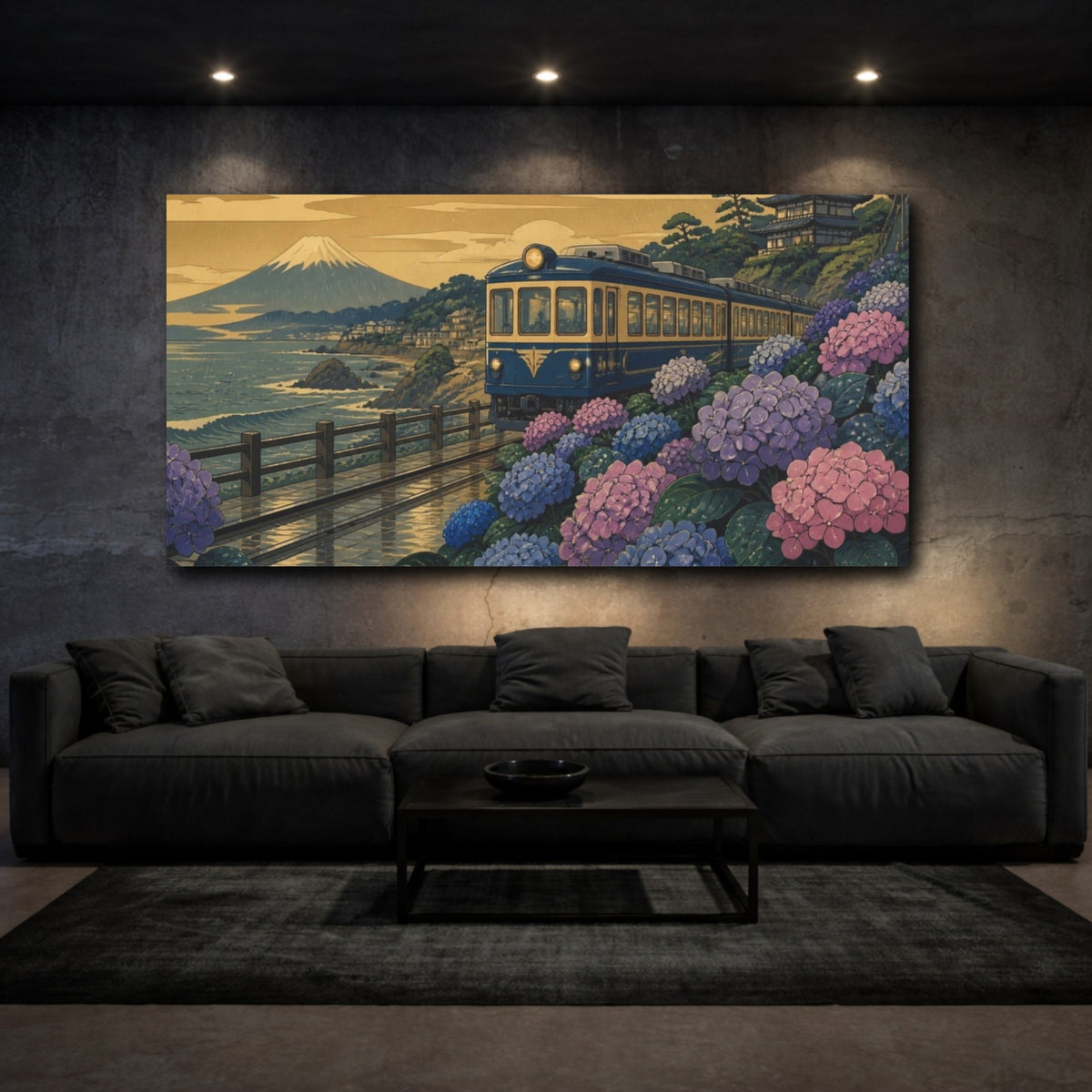 Mockup 3. Japanese Hydrangea Train shown as canvas print