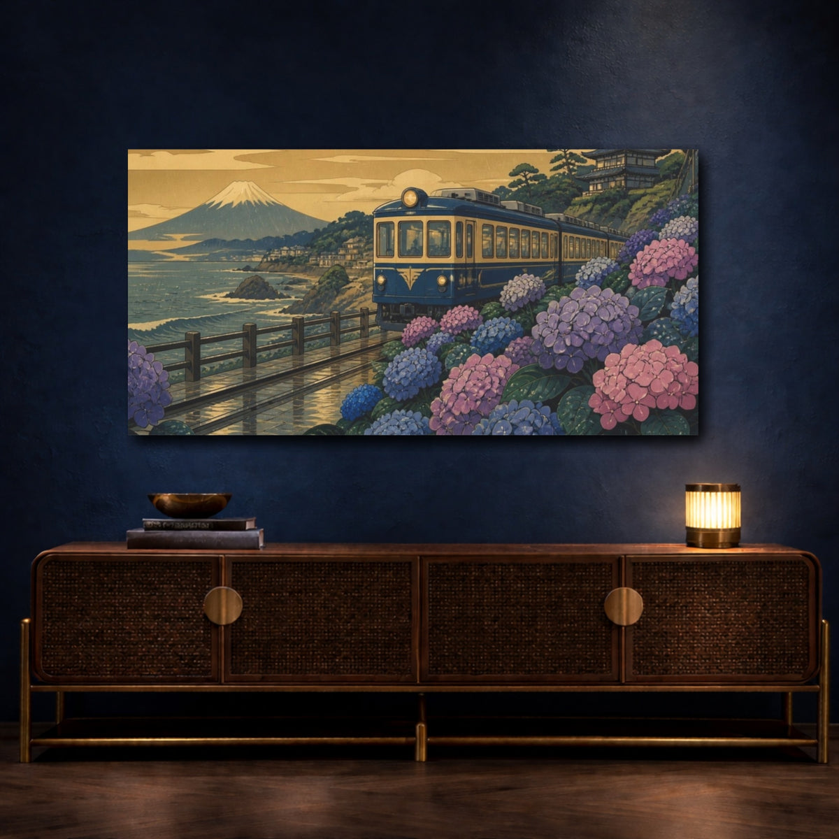 Mockup 4. Japanese Hydrangea Train shown as canvas print