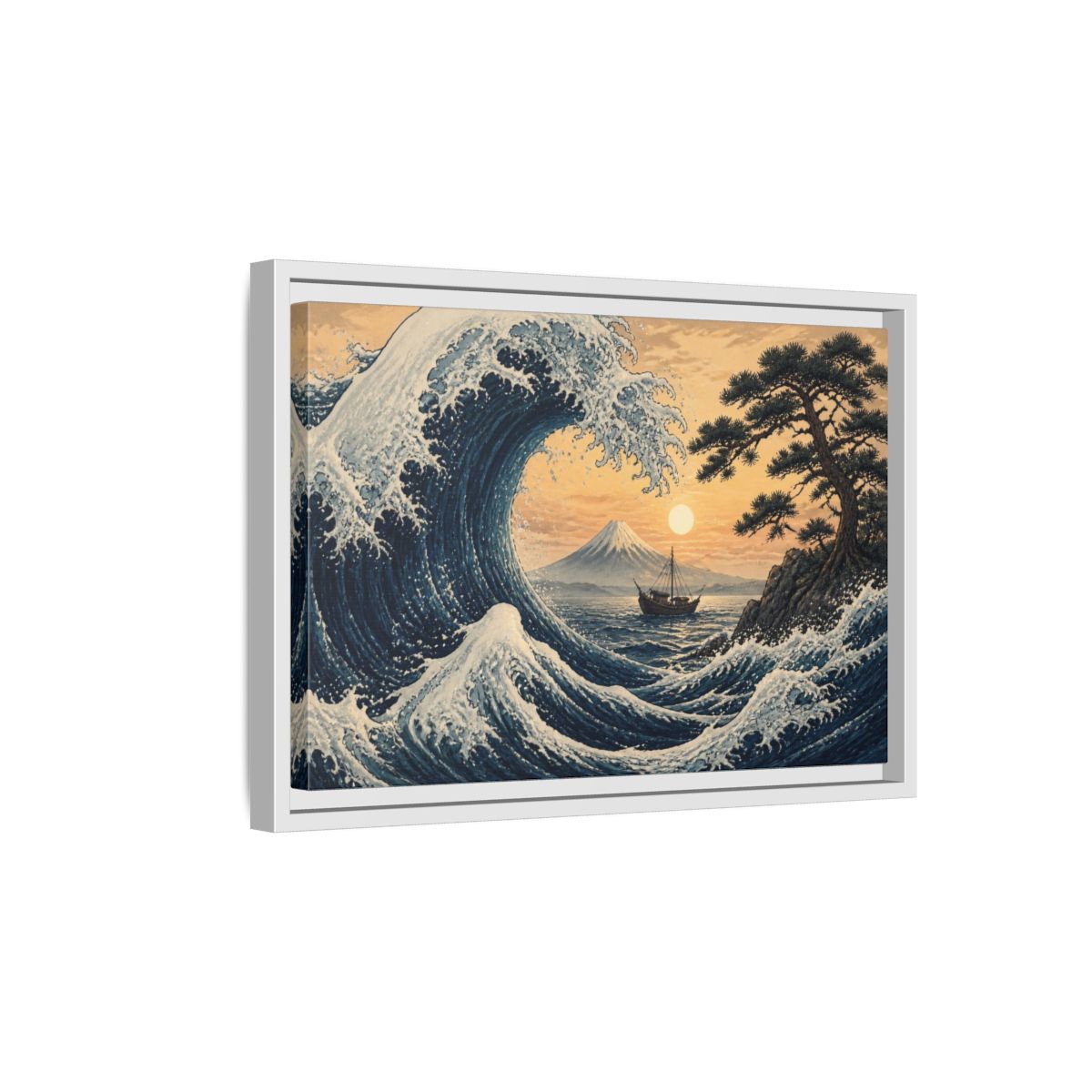 Side Mockup 4. Japanese Indigo Wave shown as framed canvas print