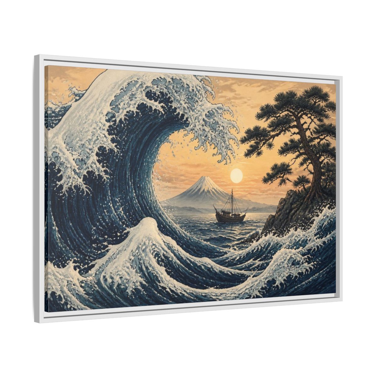 Side Mockup 9. Japanese Indigo Wave shown as framed canvas print