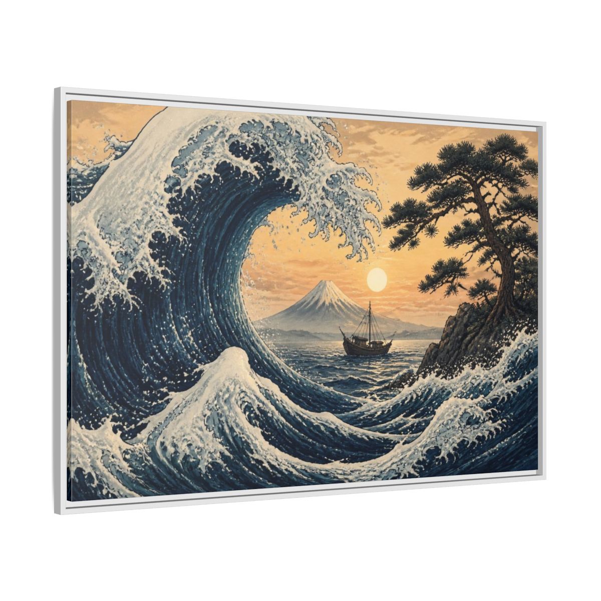 Side Mockup 7. Japanese Indigo Wave shown as framed canvas print
