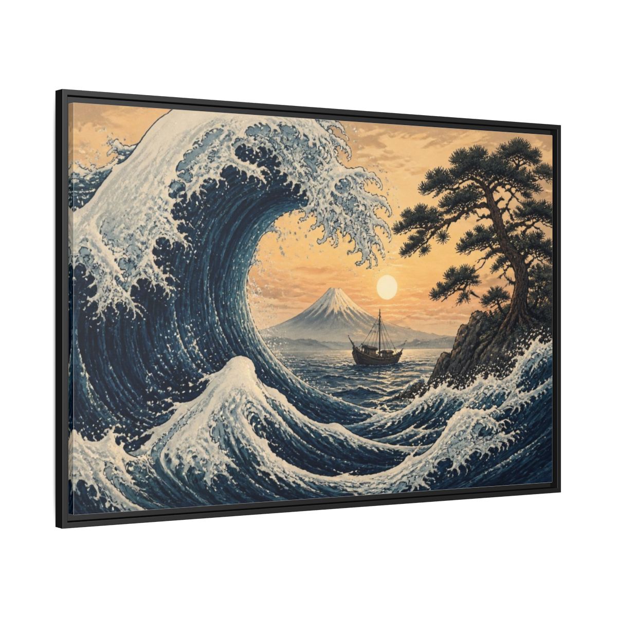 Side Mockup 12. Japanese Indigo Wave shown as framed canvas print