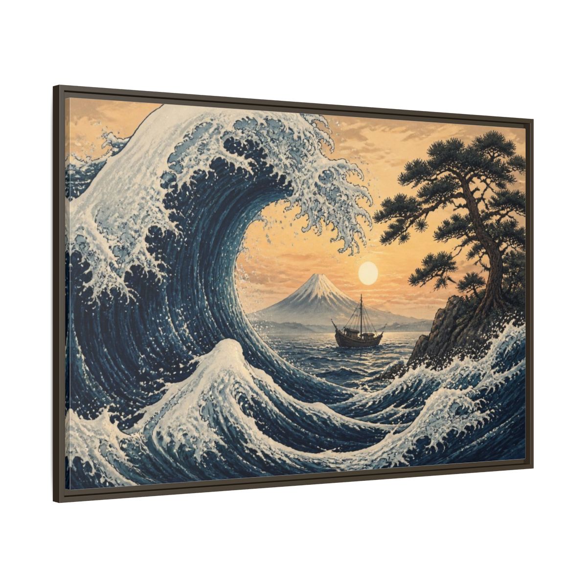 Side Mockup 8. Japanese Indigo Wave shown as framed canvas print
