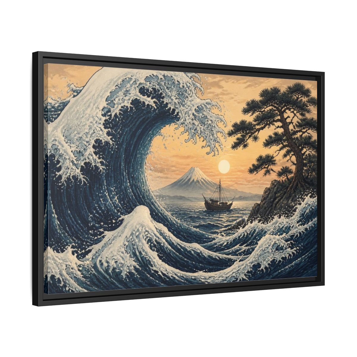 Side Mockup 14. Japanese Indigo Wave shown as framed canvas print