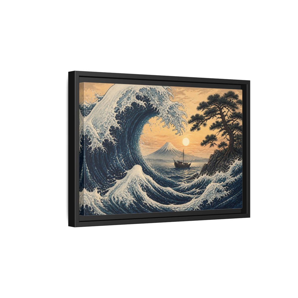 Side Mockup 6. Japanese Indigo Wave shown as framed canvas print