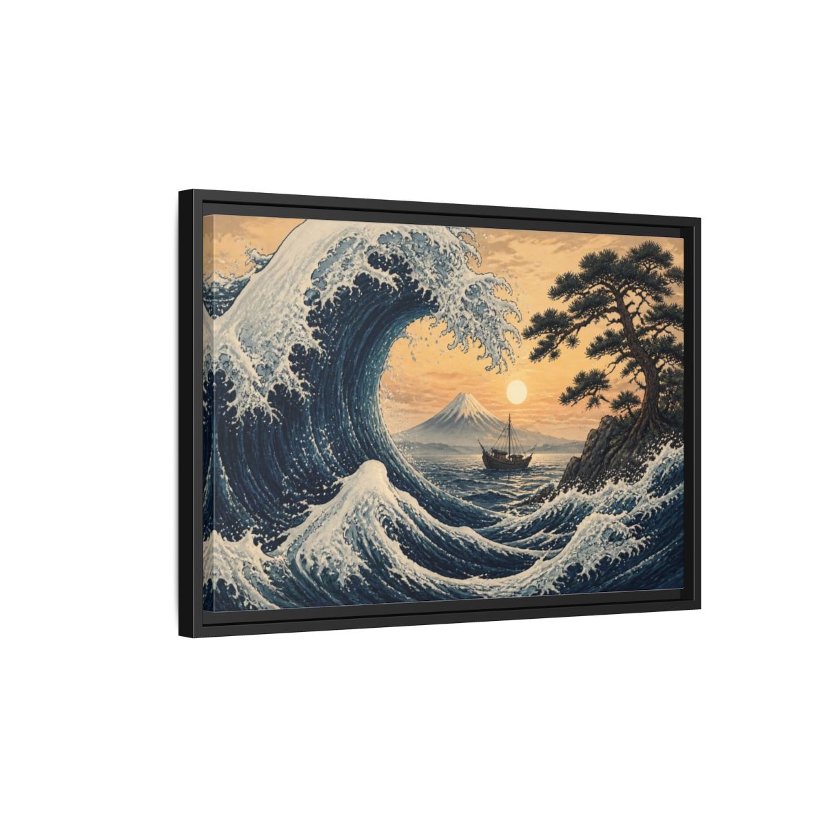 Side Mockup 3. Japanese Indigo Wave shown as framed canvas print