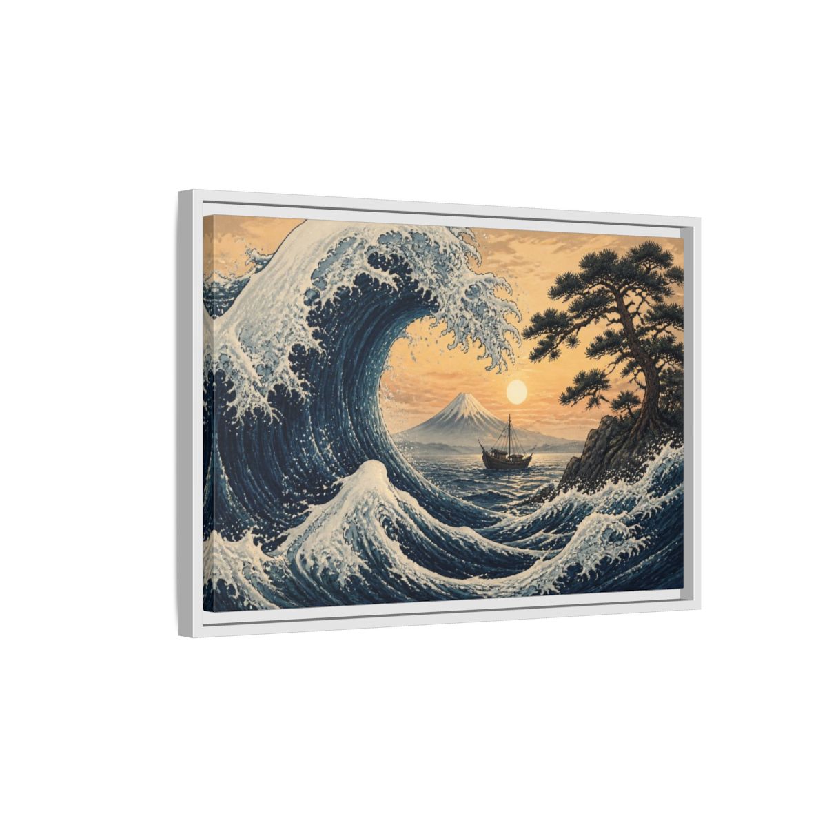 Side Mockup 1. Japanese Indigo Wave shown as framed canvas print