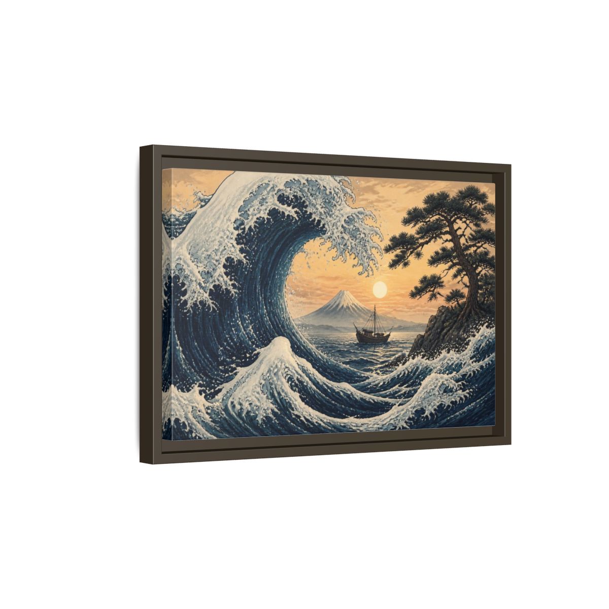 Side Mockup 5. Japanese Indigo Wave shown as framed canvas print