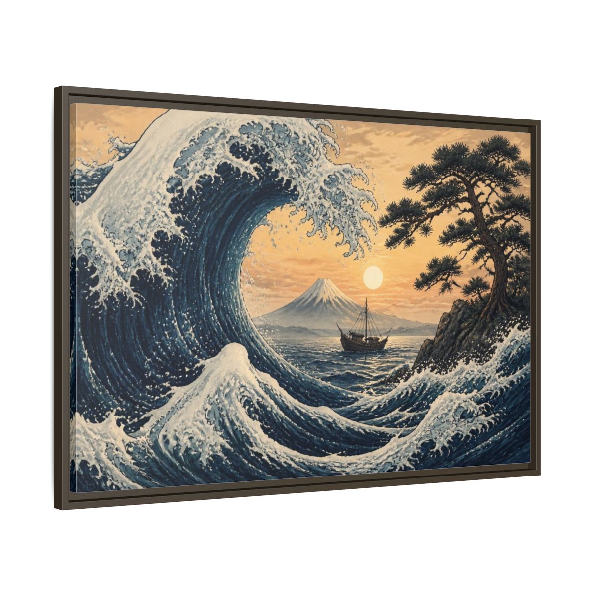 Main Mockup. Japanese Indigo Wave shown as framed canvas print