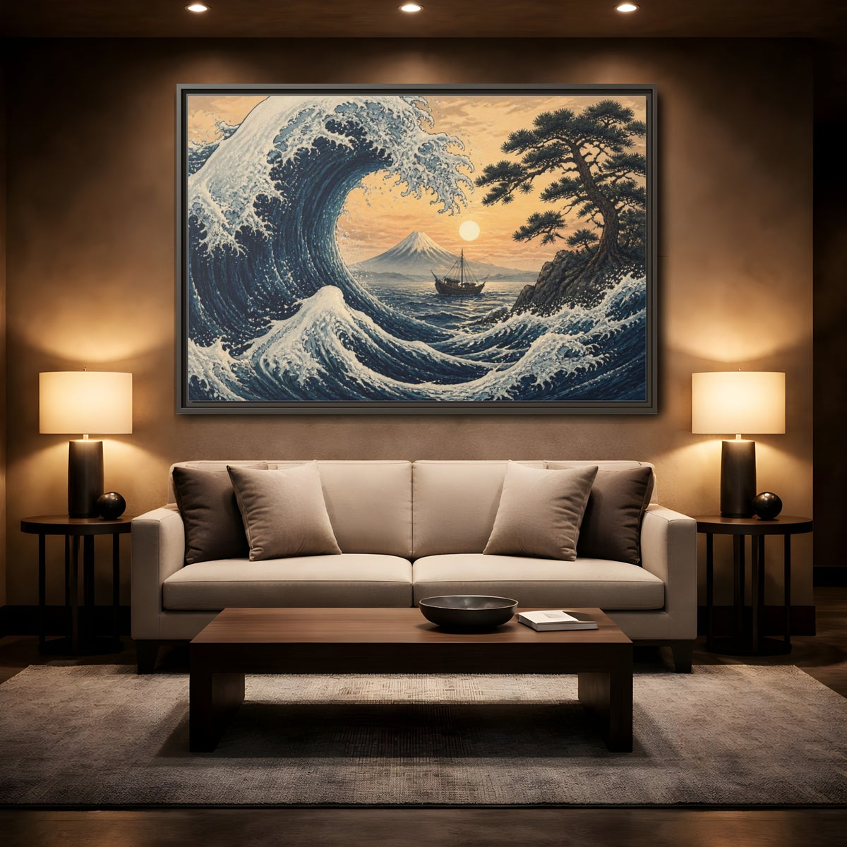 Mockup 2. Japanese Indigo Wave shown as framed canvas print