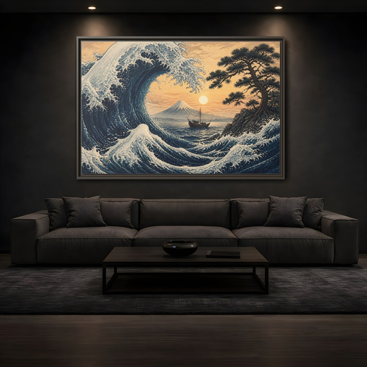 Mockup 3. Japanese Indigo Wave shown as framed canvas print