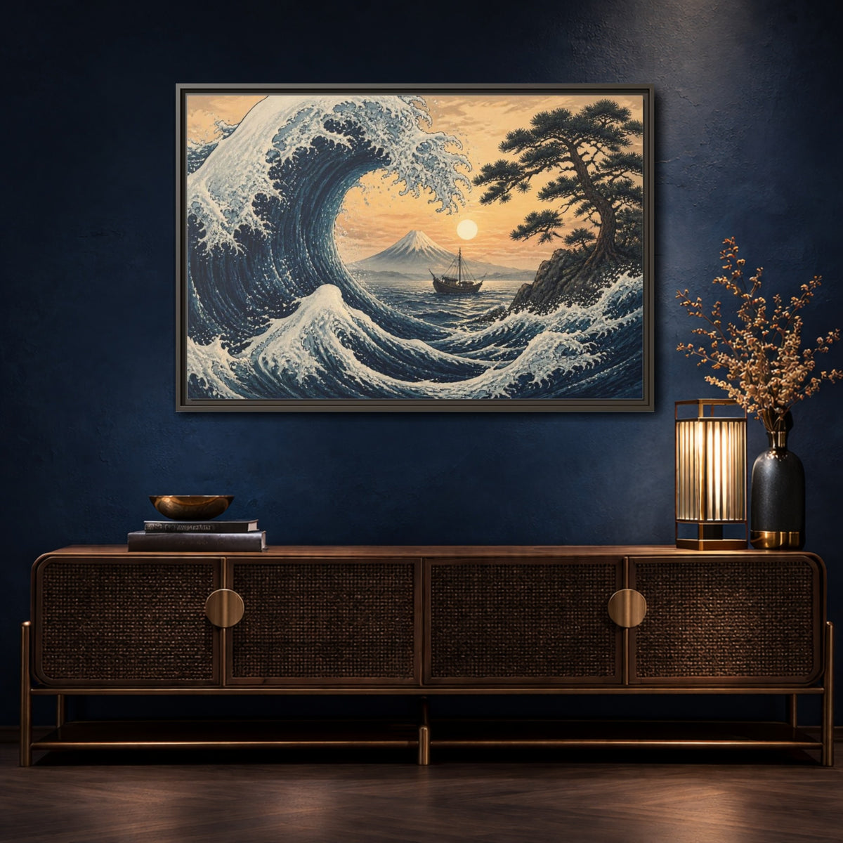 Mockup 4. Japanese Indigo Wave shown as framed canvas print