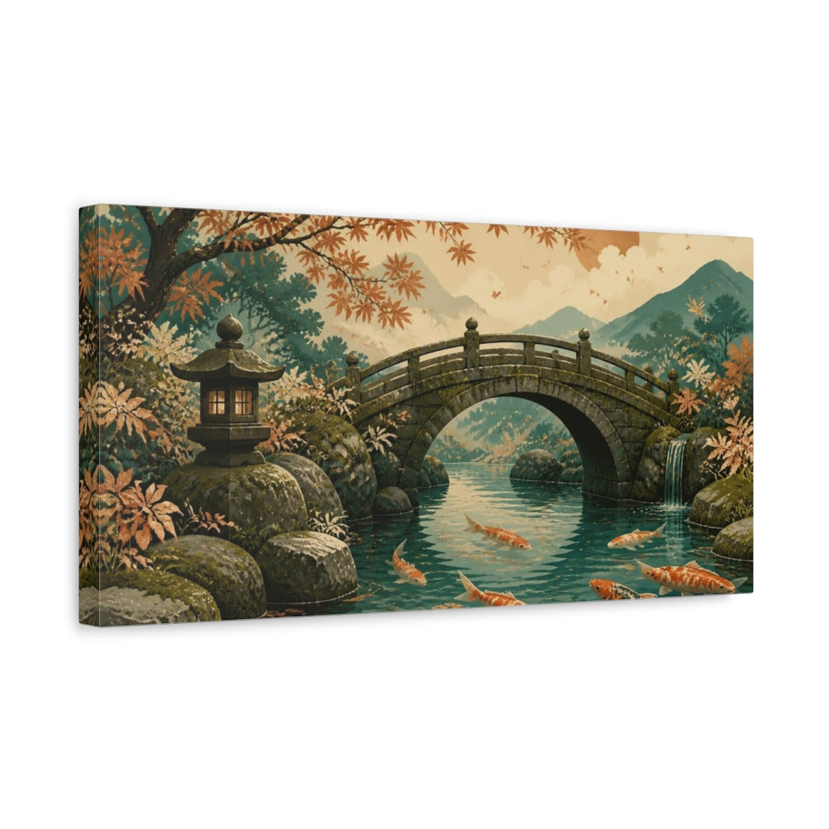 Side Mockup 3. Japanese Koi Stone Bridge shown as canvas print