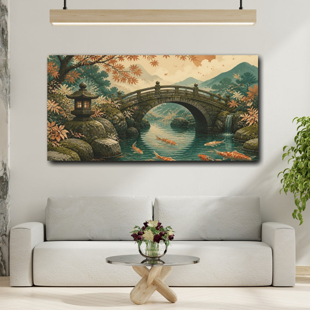 Mockup 2. Japanese Koi Stone Bridge shown as canvas print