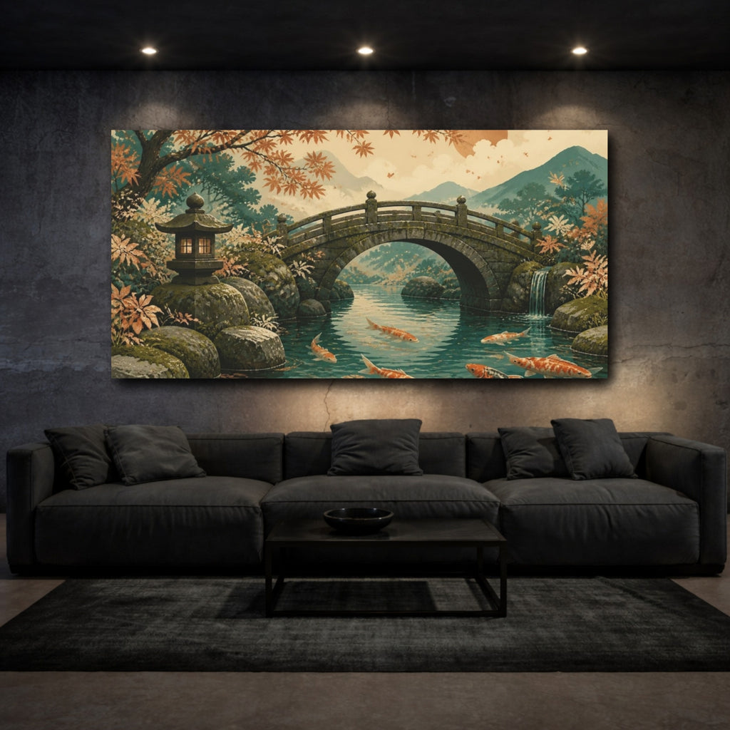 Mockup 3. Japanese Koi Stone Bridge shown as canvas print