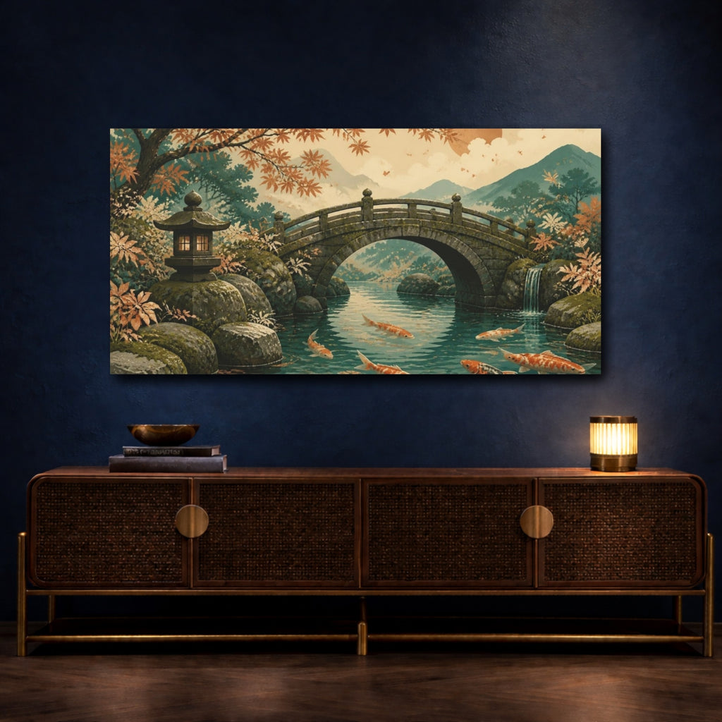Mockup 4. Japanese Koi Stone Bridge shown as canvas print