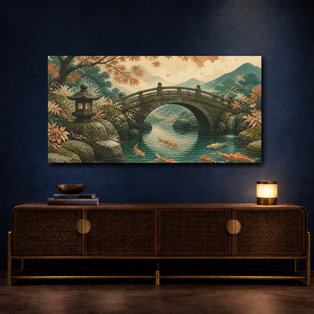 Mockup 4. Japanese Koi Stone Bridge shown as canvas print