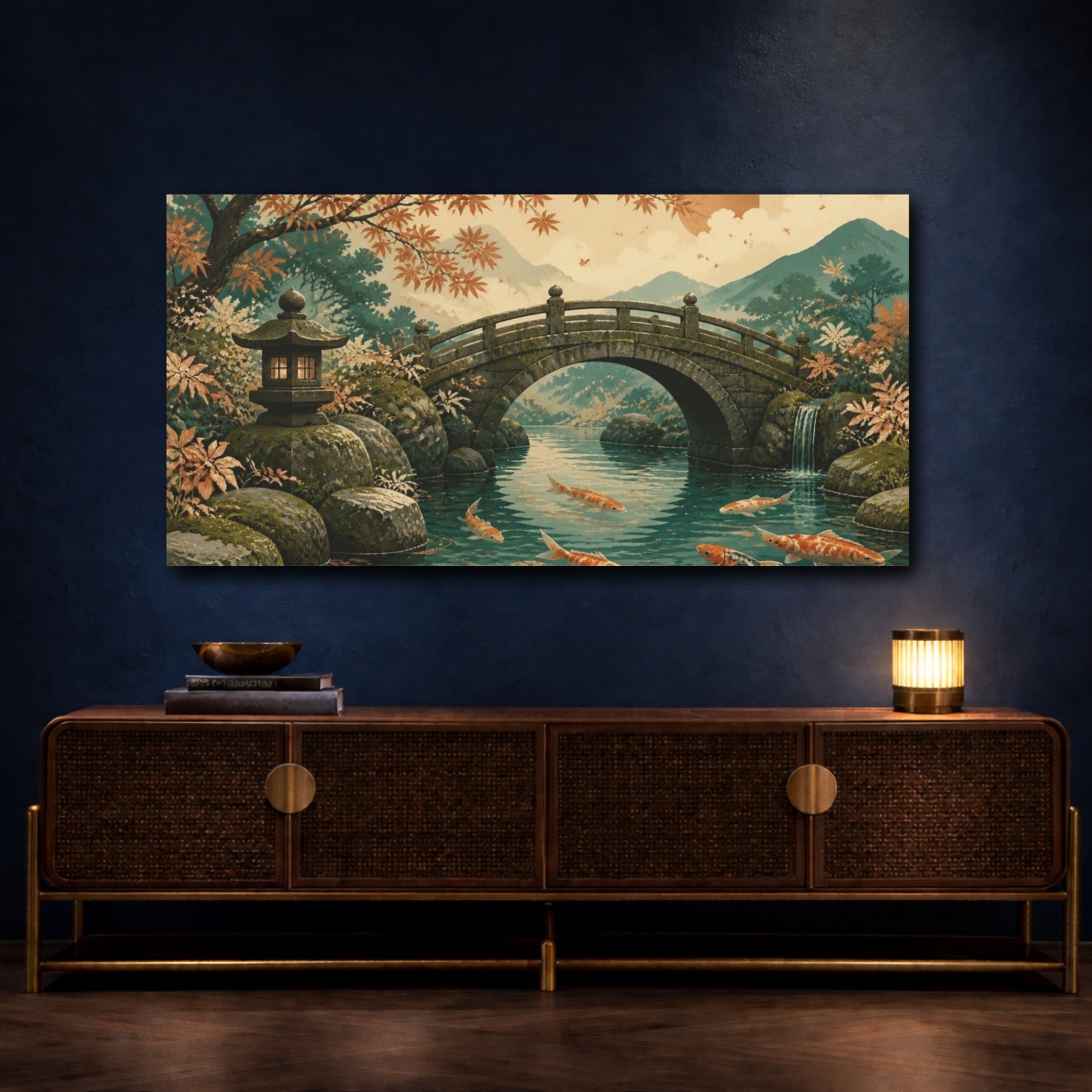 Mockup 4. Japanese Koi Stone Bridge shown as canvas print