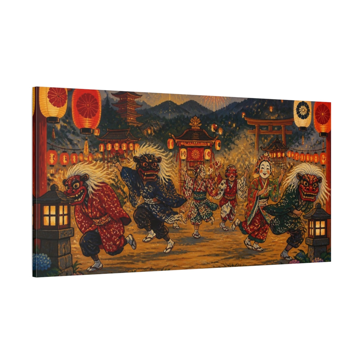 Side Mockup 2. Japanese Lion Dance shown as canvas print