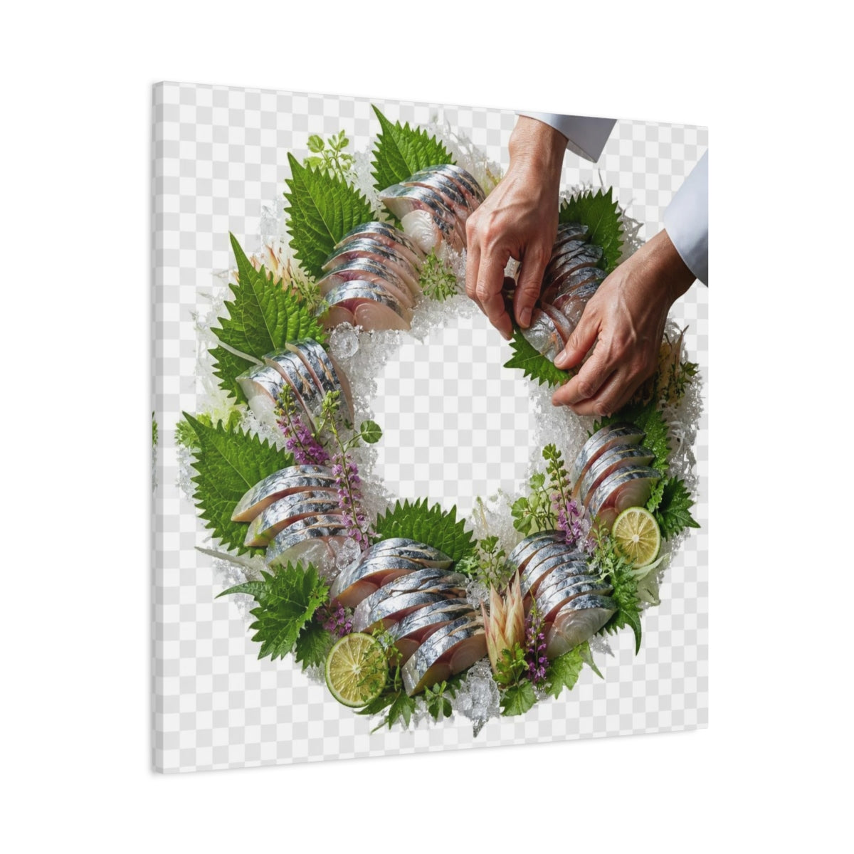 Main Mockup. Japanese Mackerel Sashimi Wreath shown as canvas print